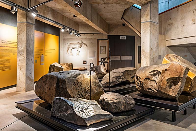 Natural rock surface, Origins Centre exhibit, stone texture display, geological formation, museum environment, African archaeology background, Wits University, Johannesburg, Joburg ETC